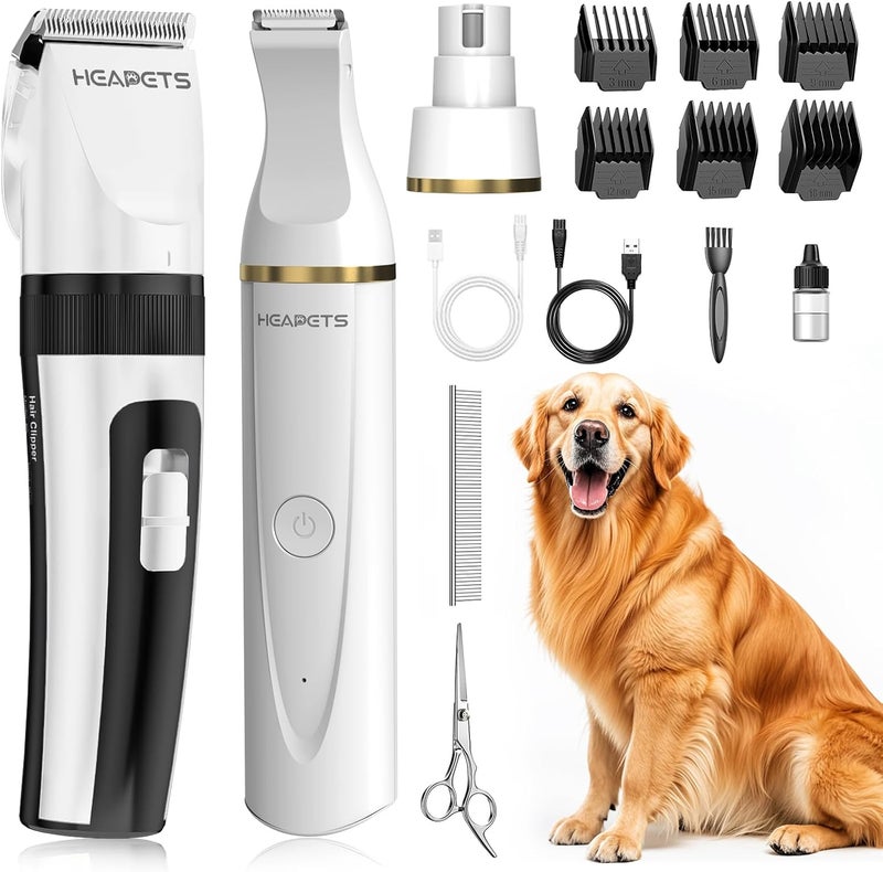 HEAPETS Dog Hair Clippers for Grooming Kit and Dog Paw Trimmer Nail Grinder for Grooming, Low Noise Rechargeable Cordless, Shaver Grooming Supplies for Pet Cats Dogs (White, White) - Image 1